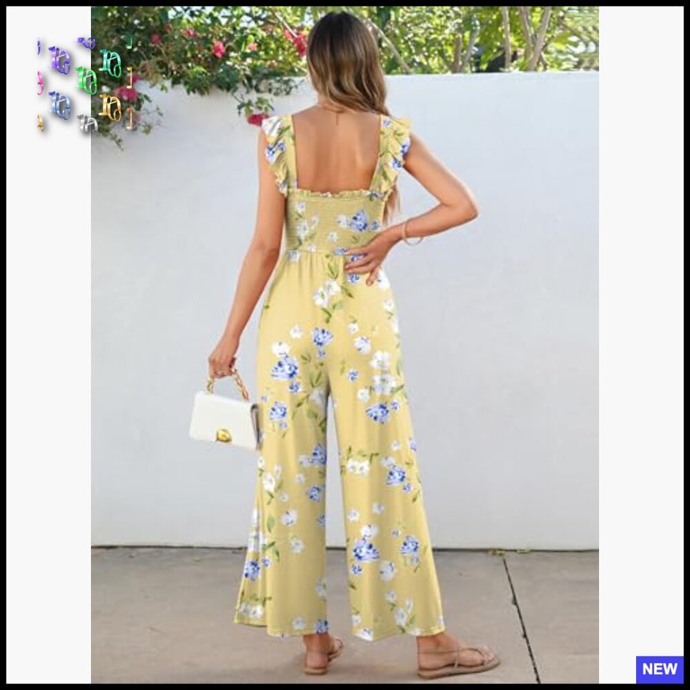 Sleeveless Smocked Jumpsuit Wide Leg Romper Casual Summer Vacation Outfit with - Picture 4 of 7